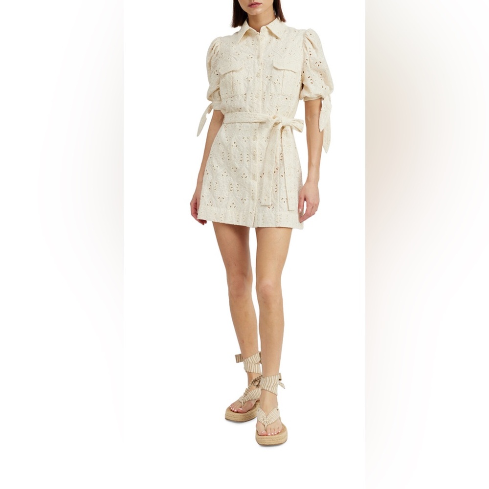 En Saison Cordelia Cotton Eyelet Short Sleeve Mini Shirtdress Sz M Clr Natural